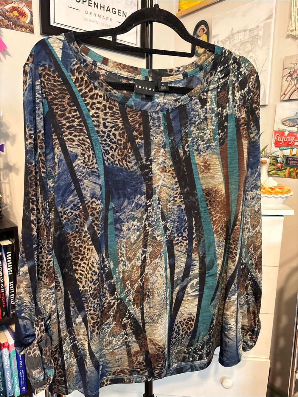 Tribal Long Sleeve Animal-Print Top in Teal, Blue and Brown